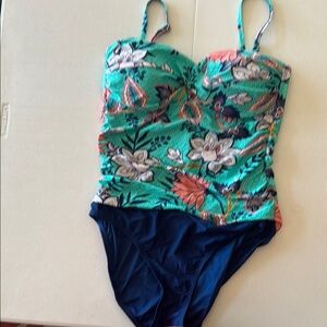 Floral Ladies Size 14 One Piece Swimsuit - Green and Blue